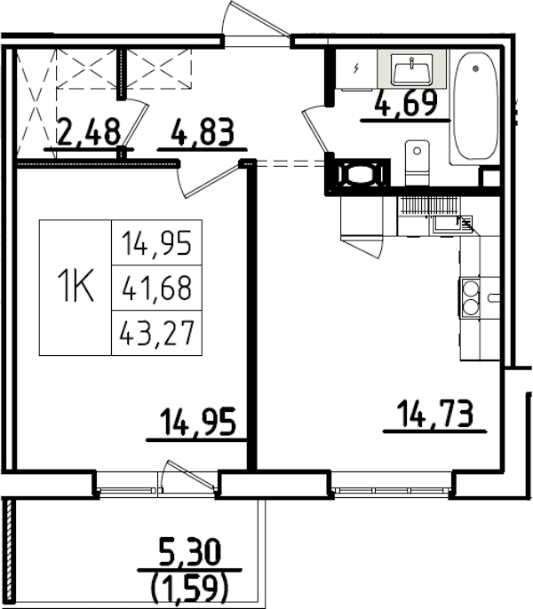 1-комнатная квартира 46.98 м², 6/9 эт., ЖК «IQ Гатчина 3»